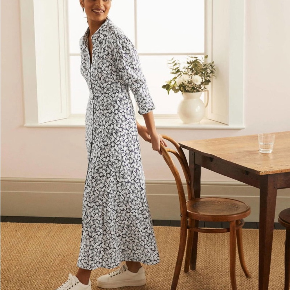 Boden Cecile Midi Shirt Dress, Deep Navy & White Pattern, Size 14